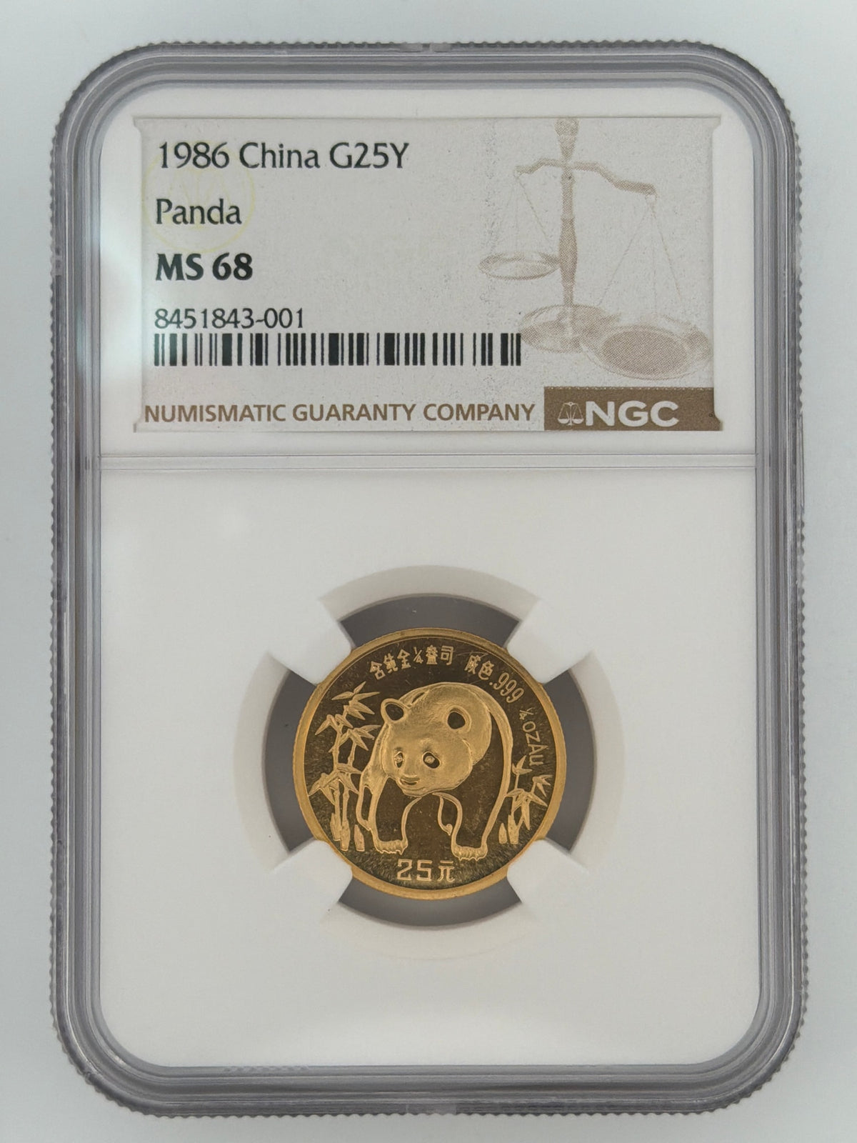 1986 China Gold Panda 25 Yuan (1/4 oz) NGC MS 68