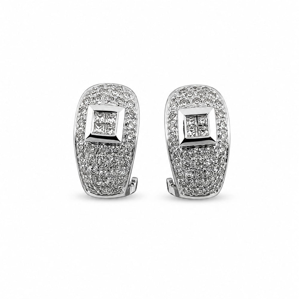 Gold Diamond Earrings, 1ct Total Weight, Princess & Round Cut, 6.4 Grams