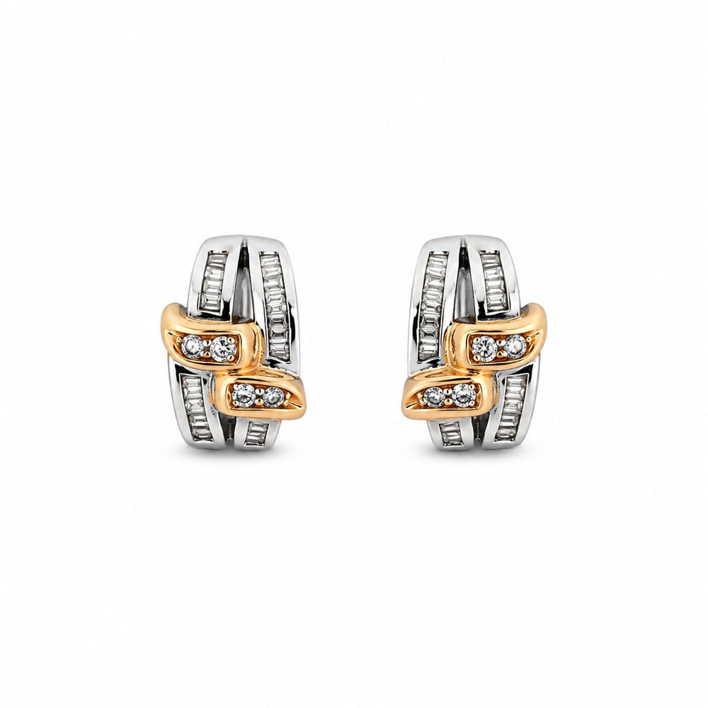 14K Two-Tone Gold Diamond Earrings, Baguette & Round Cut, 1ct Total Weight