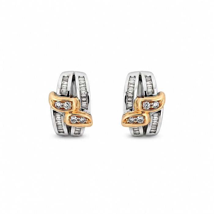 14K Two-Tone Gold Diamond Earrings, Baguette & Round Cut, 1ct Total Weight
